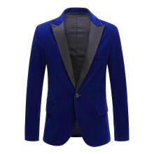 (M, One size) Mens Velvet Peak Lapel Banquet Party Suit Jacket- Blue