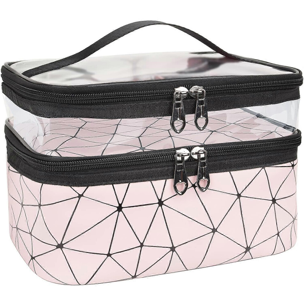 Pink (As Show, One Size) Linjou Makeup Bags Double Layer Travel Cosmetic Cases Makeup Organizer Toiletry Bags (Pink)