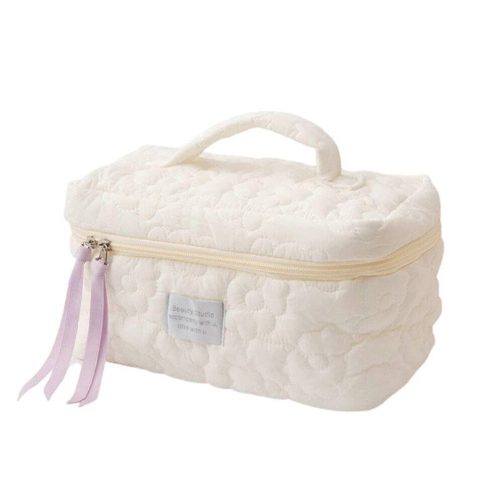 White (As Show, One Size) Linjou Large Makeup Train Case For Travel Quilted Cosmetic Pouch Toiletry Organizer Case (White)