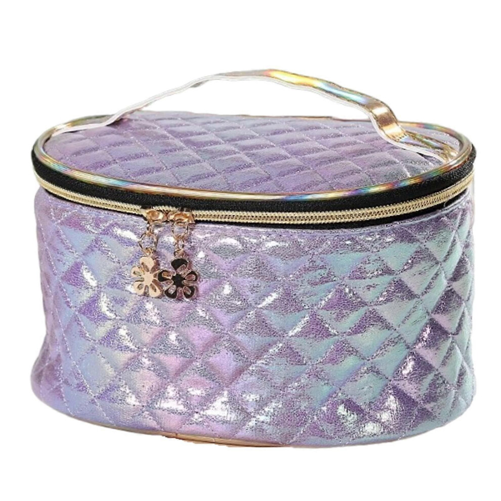 Purple (As Show, One Size) Linjou With Handle Plaid Pattern Shimmery Shiny Colorful Pu Leather Makeup Zipper Bag(Purple)