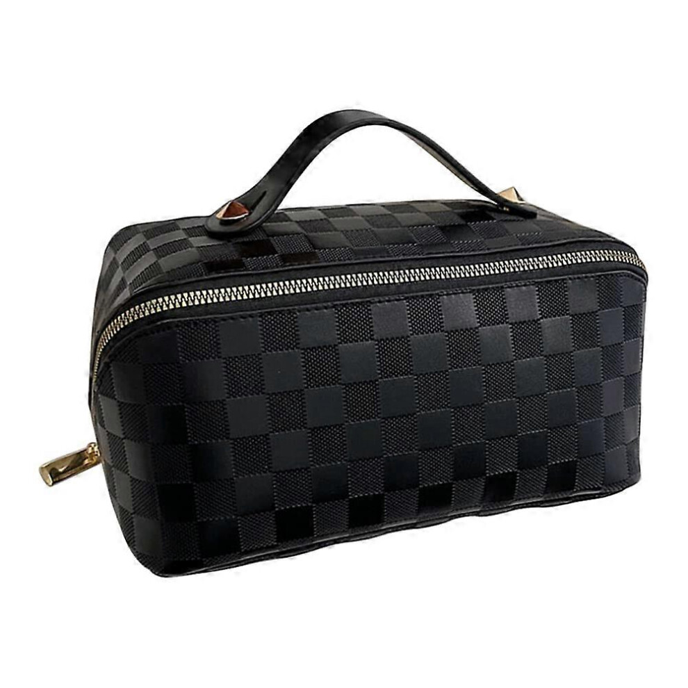 Black (As Show, One Size) Linjou Large Capacity Travel Cosmetic Bag Plaid Cosmetic Bag Tote Storage Bag (Black)