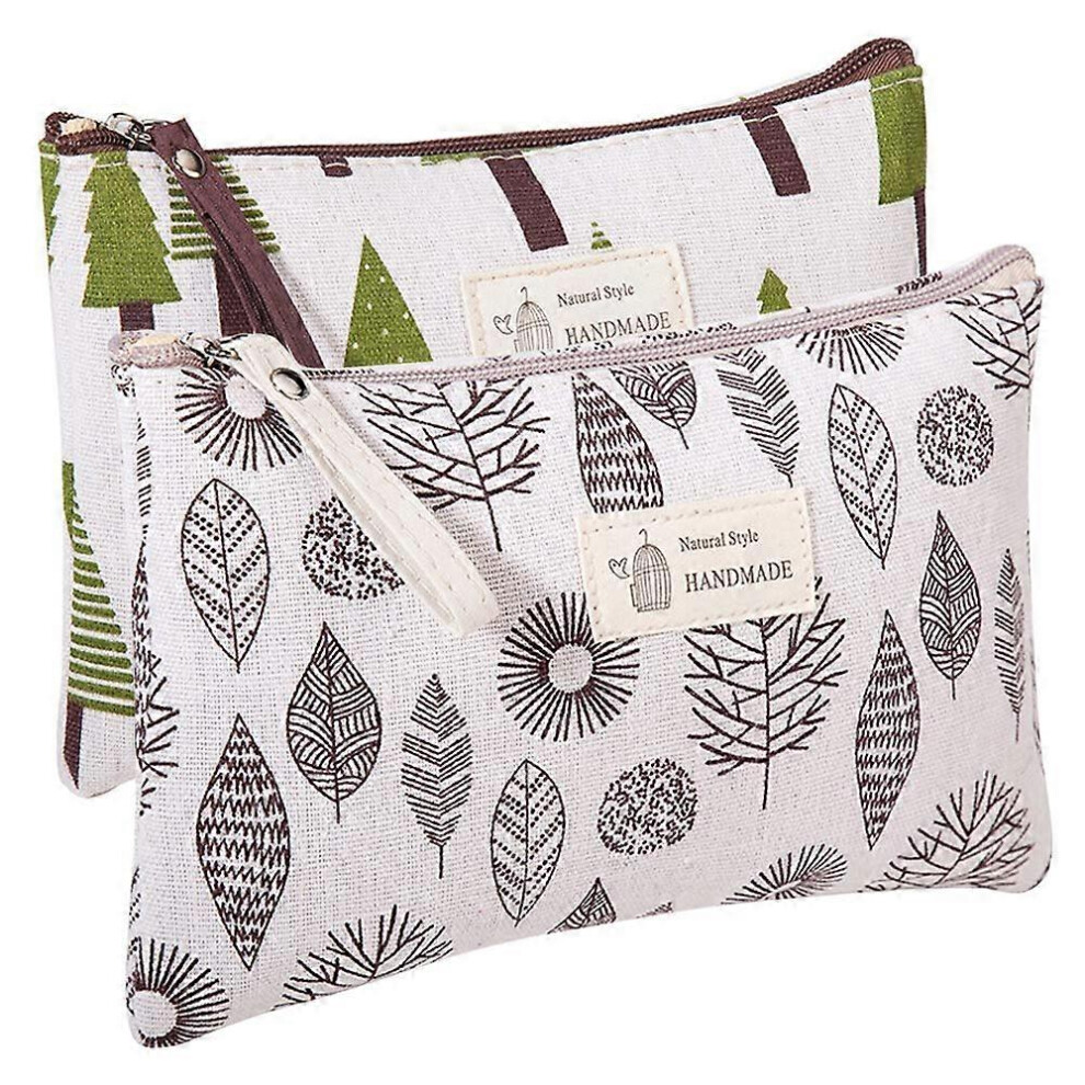(As show, One size) LINJOU 2 Pcs Women Funny Makeup Bag Cute Cosmetic Bag Pouch for Purse Toiletry Bag (Trees and Leaves)