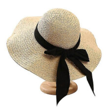 (beige, One size) Women's Straw Hat Wide Brim Floppy Beach Hat Adjustable Sun Hat