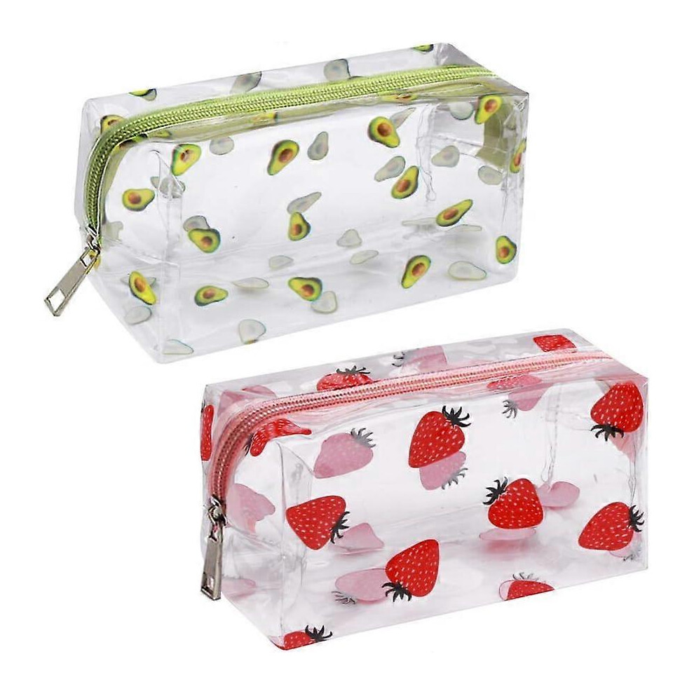 (As show, One size) LINJOU Fruit Cosmetic Bag, PVC Makeup Travel Wash Pouch with Avocado and Strawberry Pattern