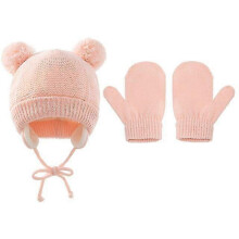 (Pink, One size) Newborn Winter Beanie Hats Gloves Kit, Toddler Warm Knitted Hats