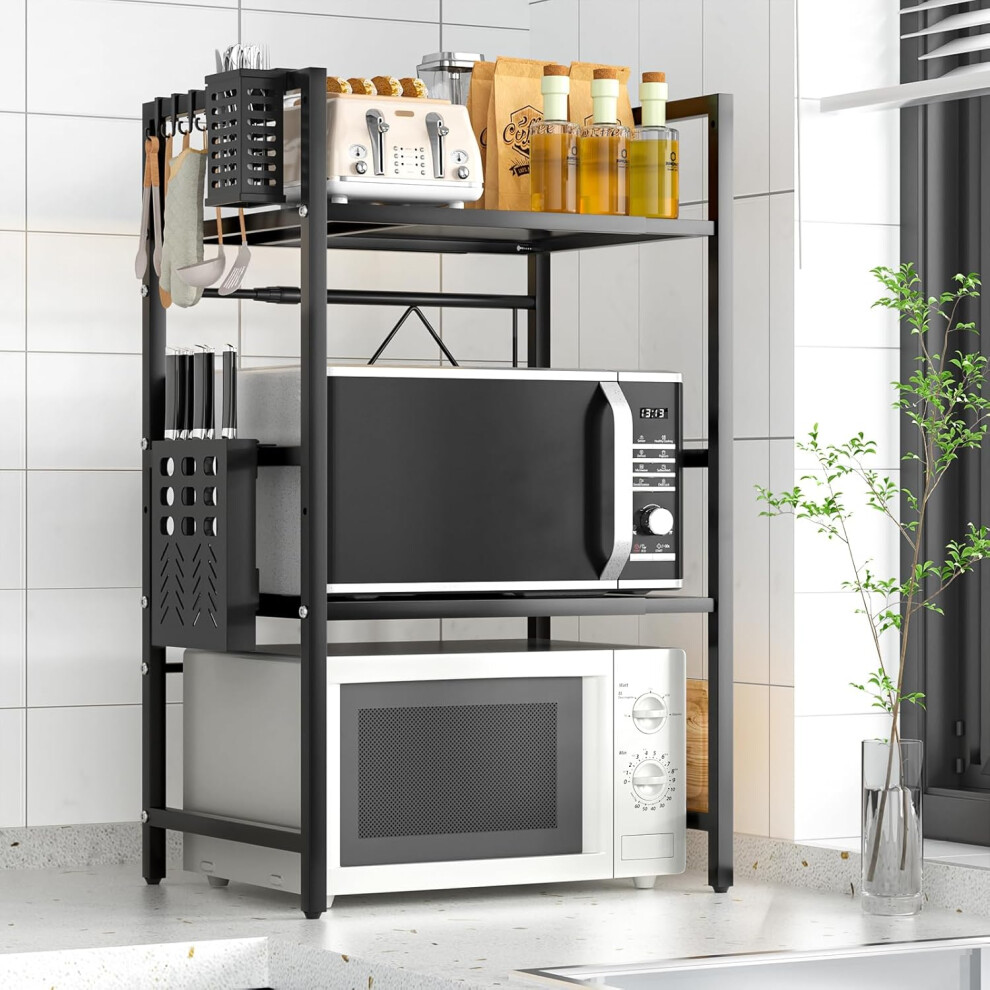 (Black) Microwave Shelf, Extendable Microwave Stand with Hooks/Cutting Board Holder/Knife Holder/Cutlery box, Microwave Rack for Kitchen Counter