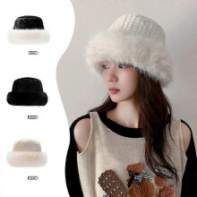 (khaki, One size) Fox Fur Plush Hat Women's Winter Thickened Warm Fisherman Hat
