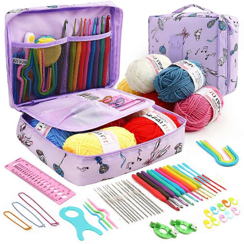 (D, One size) 59 Pack Ergonomic Crochet Hook Set 5 Rolls Yarn Knitting Needles Kit For Starters