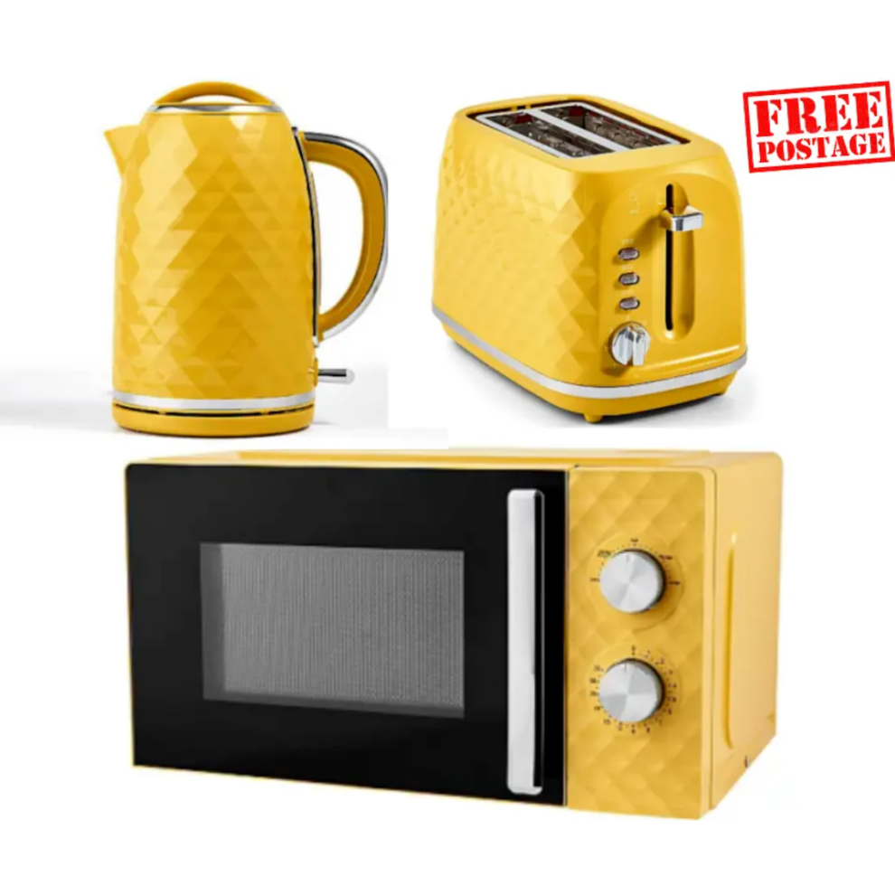 Matching Yellow Stylish Diamond Effect Kettle 2 Slot Toaster & 700W Microwave UK