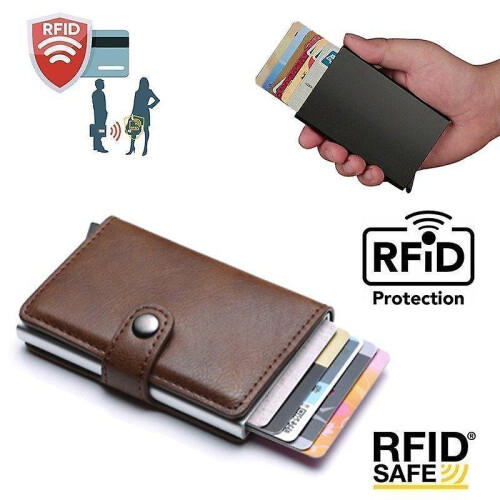 PopUp Smart Card Holder Pushes Front 8pcs Card RFID-NFC Safe- Brown 1