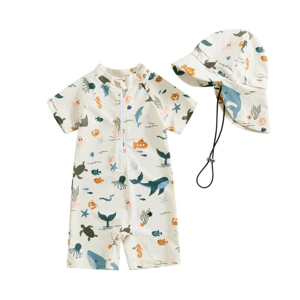 (beige, 3-6 Months) Toddler Boys Swimsuit 3 6 12 Months  2 3 Years Sun Protection Short Sleeve Crewneck Animal Print Zipper Swimwear With Hat