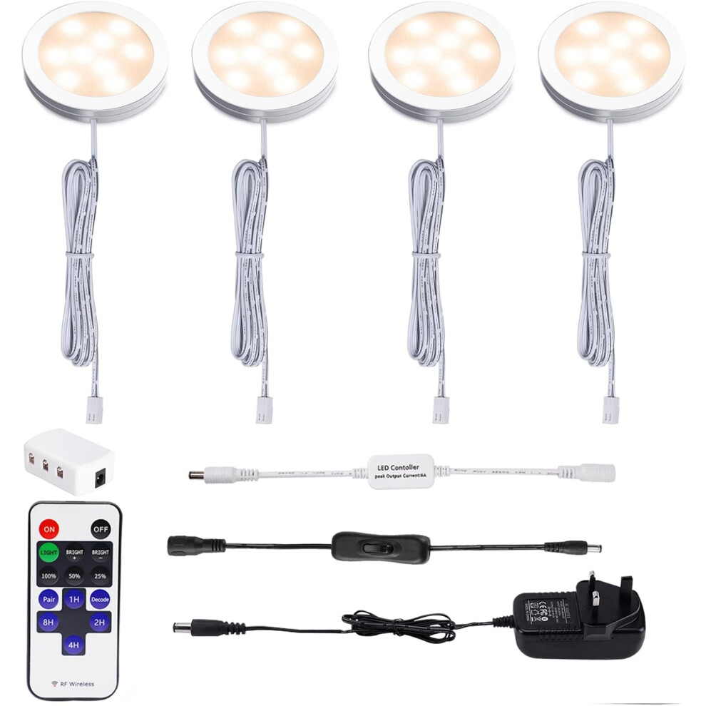(2700k Warm White) Dimmable Cupboard Lights with Remote Control & 4 Pack Under Counter Lighting Kit Display Kitchen Light for Closet Showcase Bookshelf Wardrobe