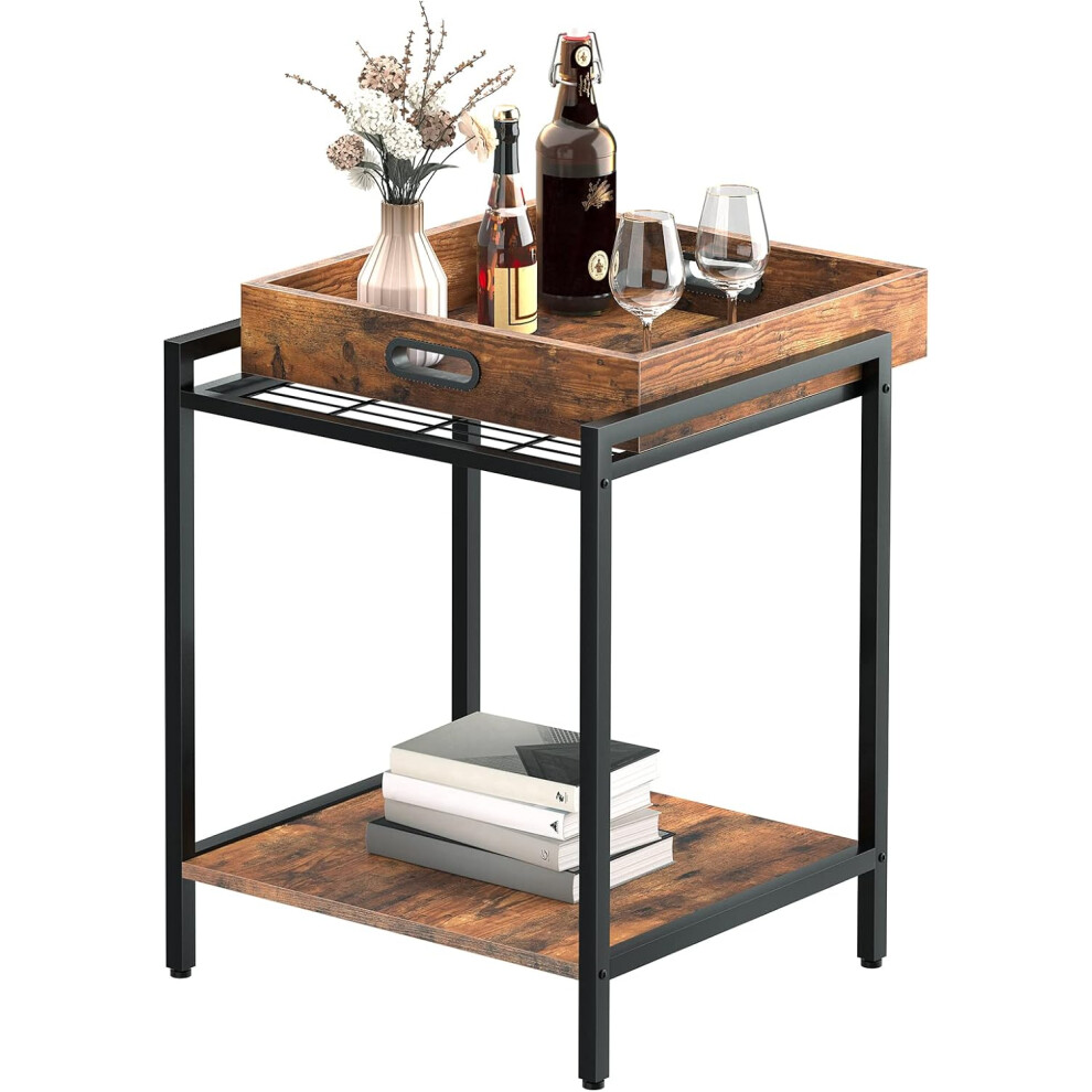 (Rustic Brown, Black ) Industrial end table, snack table with removable tray