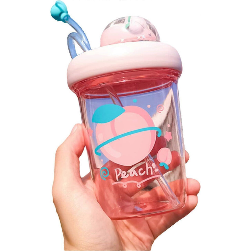 (Colour, One size) 390mL Cute Water Bottle with Straw Leak Proof Coffee Bottle Juice Mix Cup Reusable & BPA Free Juice Bottles for Home Travel Outdoor-image-OPC-PG595CB-NEW
