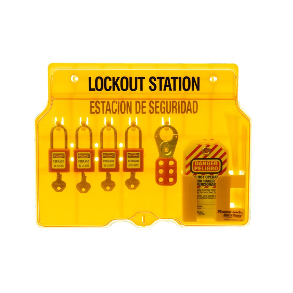 Master Lock 1482Bp410 Covered Lockout Tagout Station With 4 Zenex Thermoplastic Padlocks Yellow