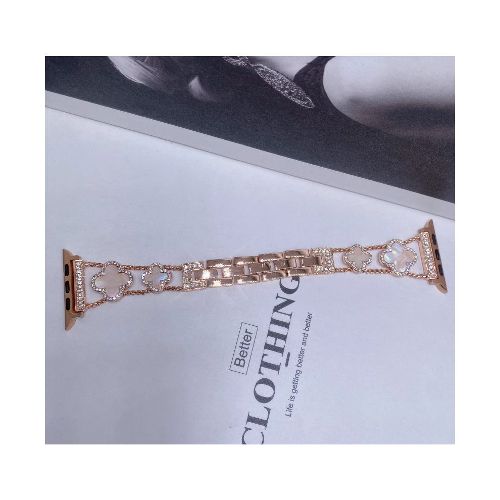 Photos - Watch Strap Fashionable Diamond Inlaid Four-Leaf Clover Metal For Apple Watch1-8( Rose Gold+Colorful, 42/44/45MM)