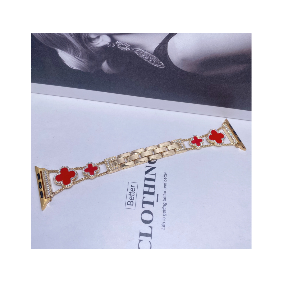 Photos - Watch Strap Fashionable Diamond Inlaid Four-Leaf Clover Metal For Apple Watch1-8( Gold+Red, 38/40/41MM)