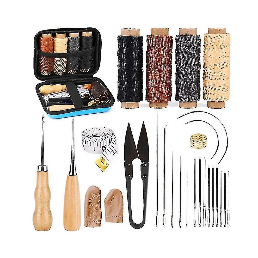 (As show, One size) 28pcs Wood Handle Leather Craft Tool Kit Leather Hand Sewing Tools Kit Punch Cutter Diy Set - JXLGV