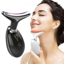 (Black, One size) Thermal Neck Lifting and Tighten Massager Electric Microcurrent Wrinkle Remover LED Photon Face Beauty Device for Woman