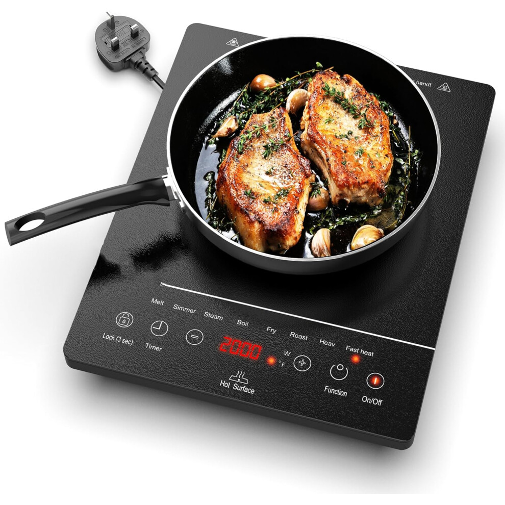 (Single) Pulg in Single Electric Hob with 4-Hour Timer, 9 Power Levels Up to 2000W, 8 Pre-set Functions Touch Sensor Control