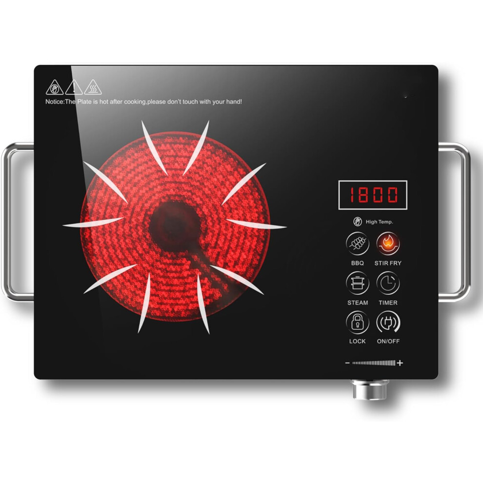(1 Zone With Knob) Single Ceramic Hob Portable with BS Plug, Plug in Ceramic Hob with Knob, Plug in Electric Hob 1 Ring 2000W, Knob Control with Timer, Safety Lock, 220V