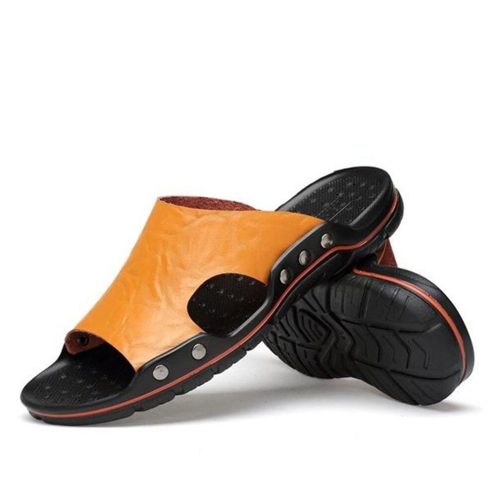 (yellow, 47) Mens Slippers Breathable Leather Sandals Summer Beach Shoes Fashion Rivet Studded Sandals Casual Slides
