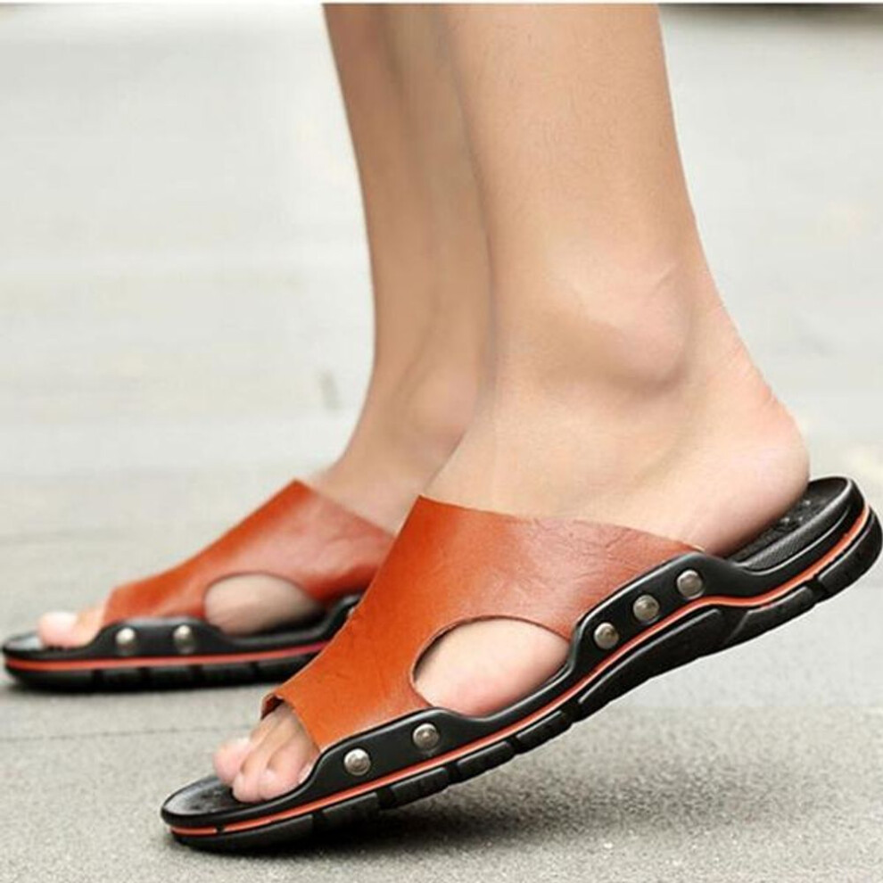 (red, 42) Mens Slippers Breathable Leather Sandals Summer Beach Shoes Fashion Rivet Studded Sandals Casual Slides