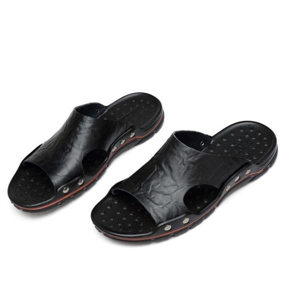 (black, 47) Mens Slippers Breathable Leather Sandals Summer Beach Shoes Fashion Rivet Studded Sandals Casual Slides