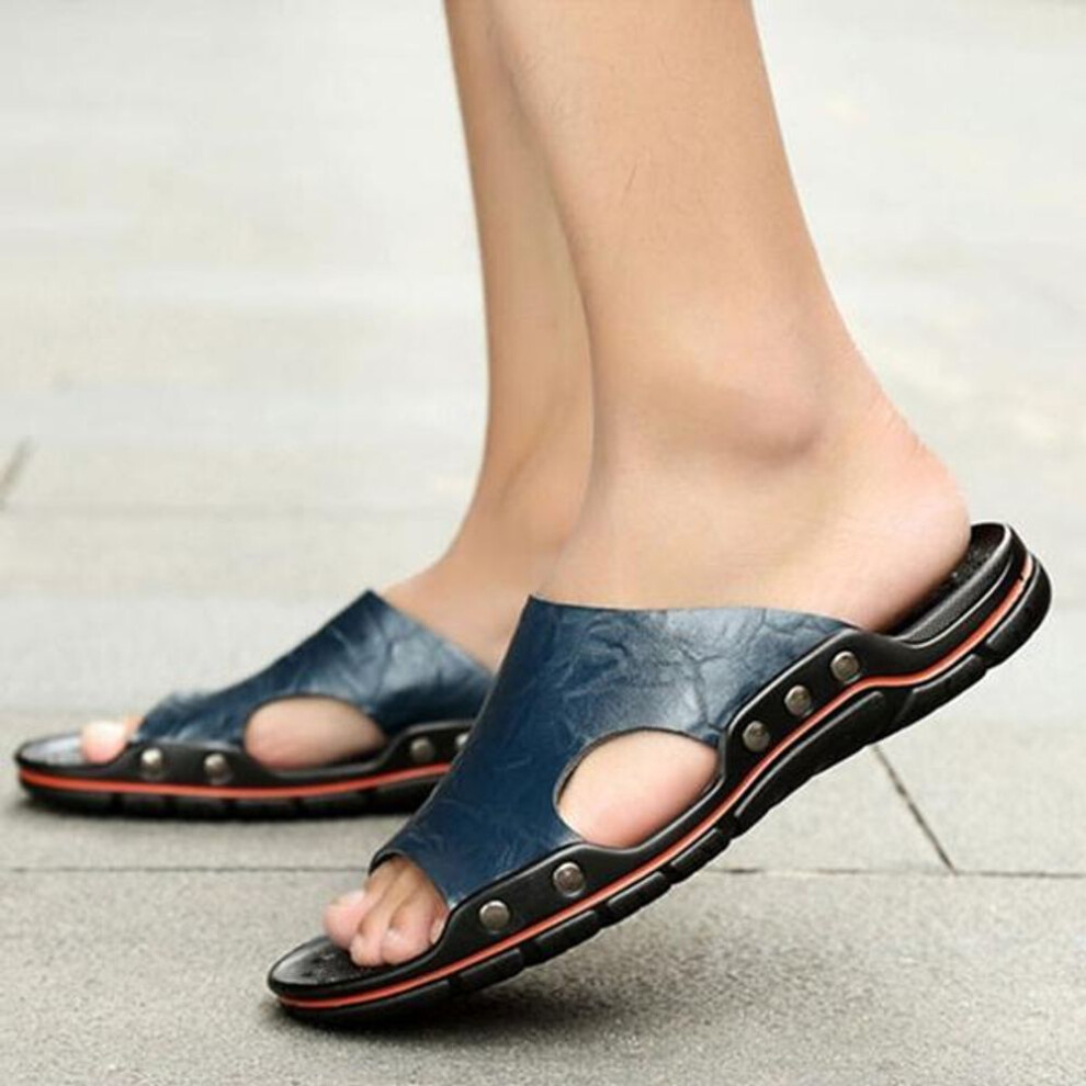 (blue, 39) Mens Slippers Breathable Leather Sandals Summer Beach Shoes Fashion Rivet Studded Sandals Casual Slides