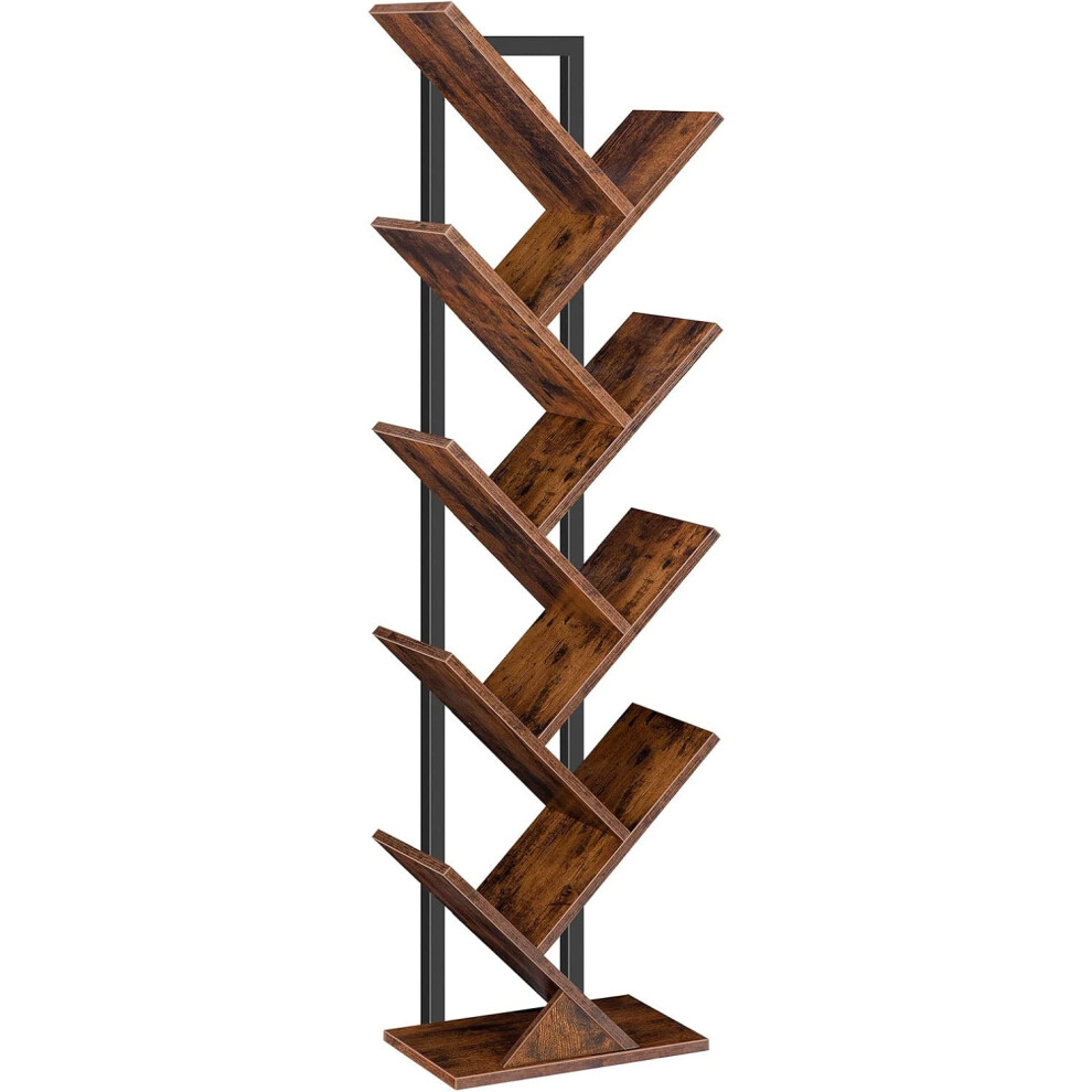 (Rustic Brown   Black) Tall tree shaped bookshelf, 9-layer floor-to-ceiling bookshelf, tall bookcase for CD albums, suitable for living room, rustic brown and black