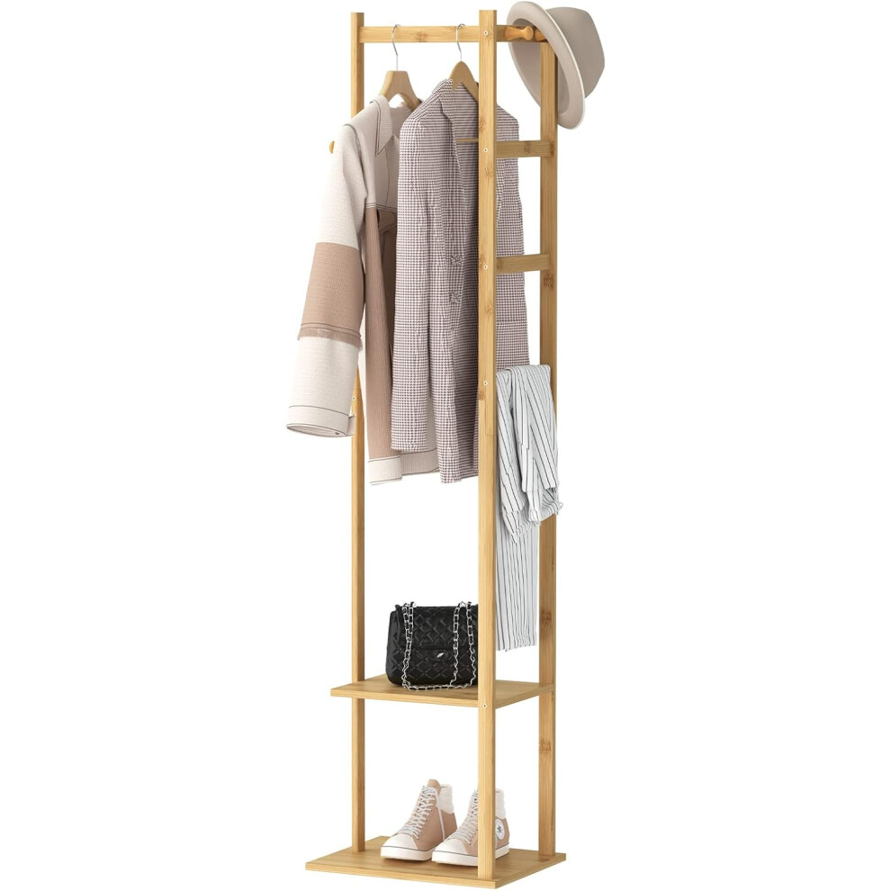 Bamboo clothes rack, corner coat rack, standing coat rack, freestanding clothes rail with 2 shelves 3 coat hooks and trouser hanger