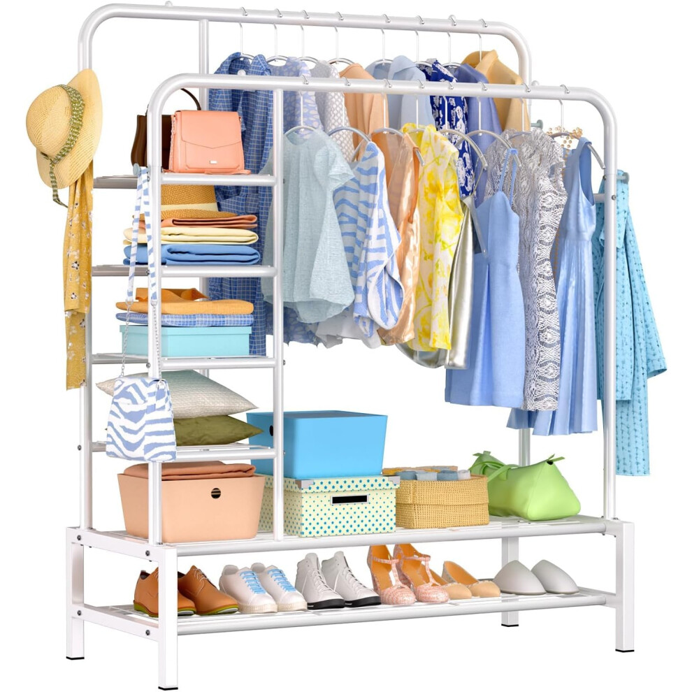 (White) Metal clothes rod double rod clothes hanger multifunctional clothes rack with storage rack suitable for home bedroom to store coats, shoes, boots