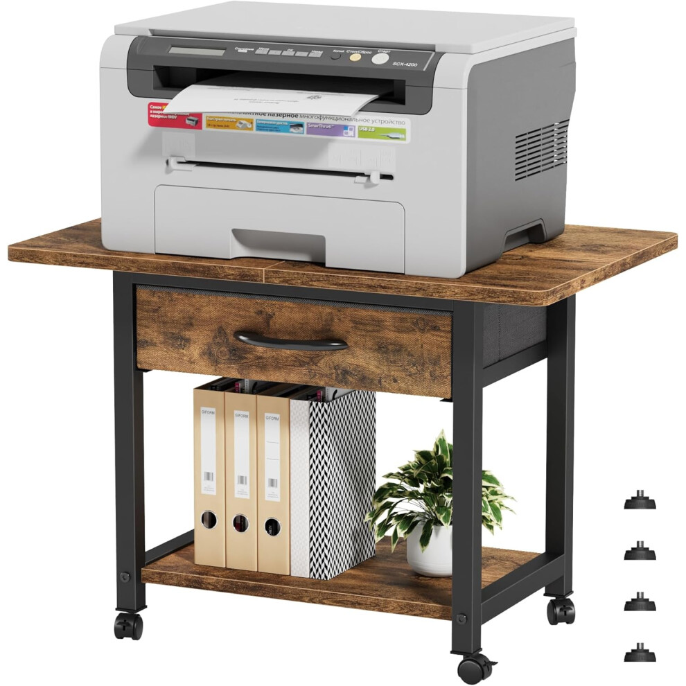 (2-Tier, Rustic Brown) Printer Stand with Fabric Drawer Storage, Printer Table on Wheels&Side Bag