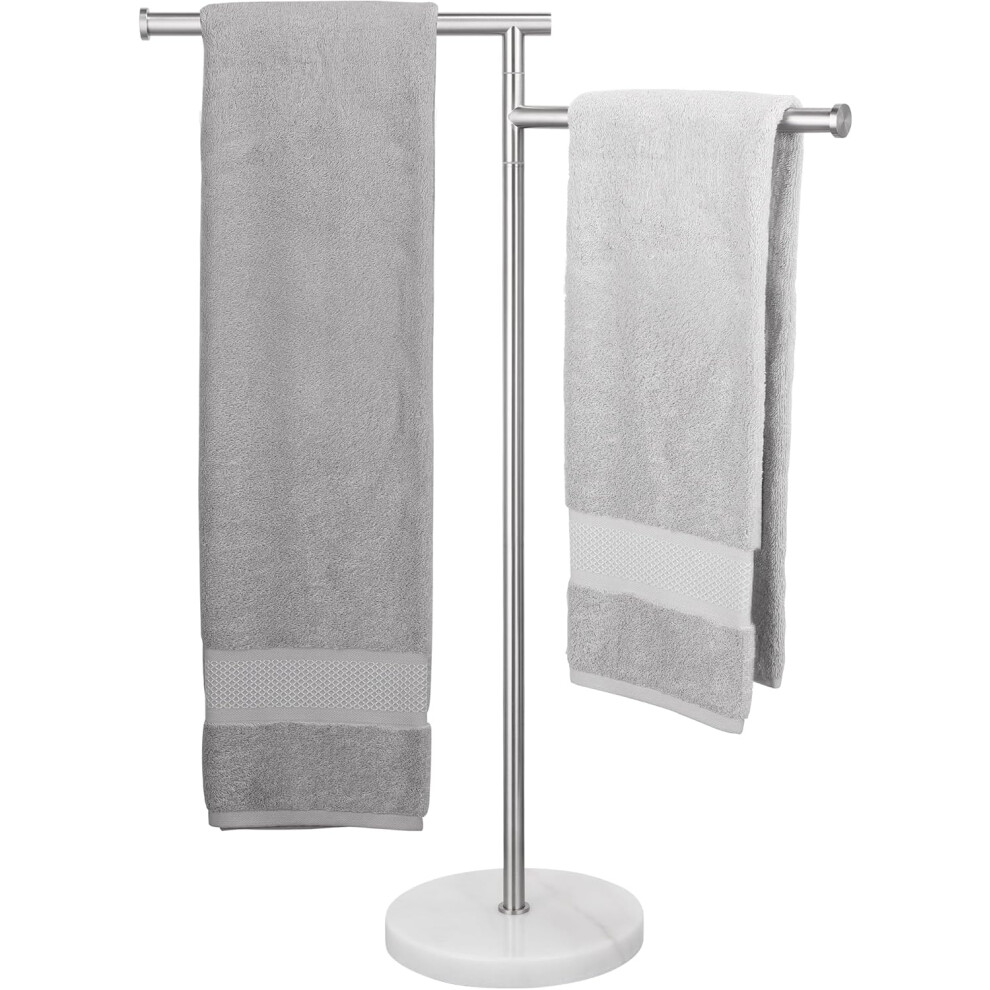 (2-Arm, Brushed Steel) Free Standing Towel Rail Bathroom Towel Holder, Towel Rack with 2 Swivel Arms and Weighted Marble Base