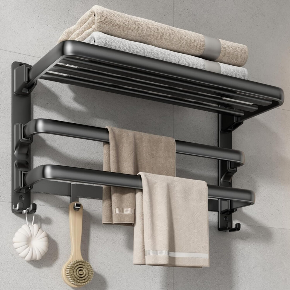 Black Towel Rails with 2 Towel Bar Foldable Towel Holders with 7 Hooks Towel storage Organizer for Bathroom