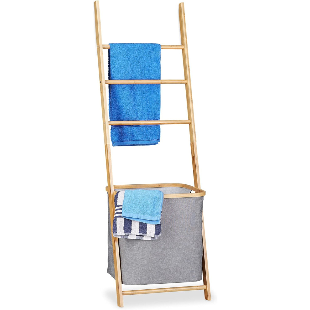 Bamboo Towel Rack with Basket, Freestanding Wooden Laundry Hamper