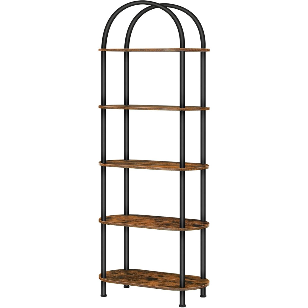 (Rustic Brown, Black) 5-Tier Book Shelf, Industrial Arched Standing Bookcase Display Shelf Racks