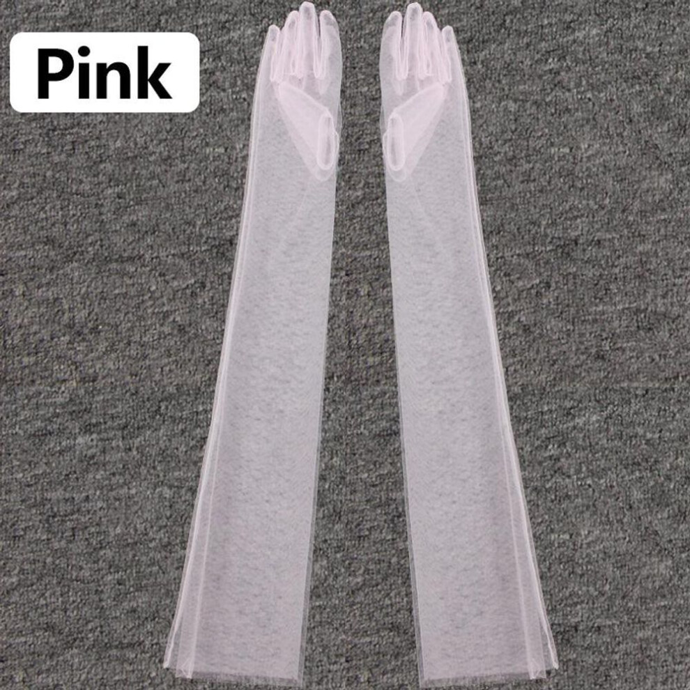(pink) Women&apos;s Photography Sheer Lace Ultra Thin Elbow Long Full Finger Dress Gloves Transparent