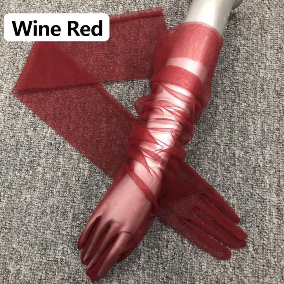 (burgundy) Women&apos;s Photography Sheer Lace Ultra Thin Elbow Long Full Finger Dress Gloves Transparent