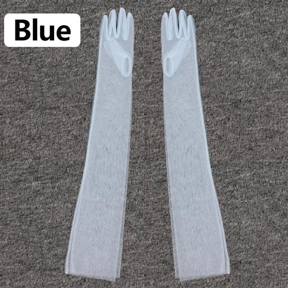(blue) Women&apos;s Photography Sheer Lace Ultra Thin Elbow Long Full Finger Dress Gloves Transparent