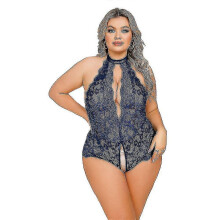 (XL, Navy Blue) Sexy Plus Size Women Halter Neck Cut Out Hollow Out Lace Sheer Strappy Lingerie Erotic Sleepwear