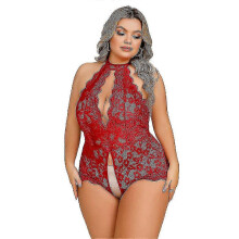 (2XL, Wine Red) Sexy Plus Size Women Halter Neck Cut Out Hollow Out Lace Sheer Strappy Lingerie Erotic Sleepwear