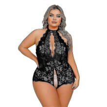 (XL, Black) Sexy Plus Size Women Halter Neck Cut Out Hollow Out Lace Sheer Strappy Lingerie Erotic Sleepwear