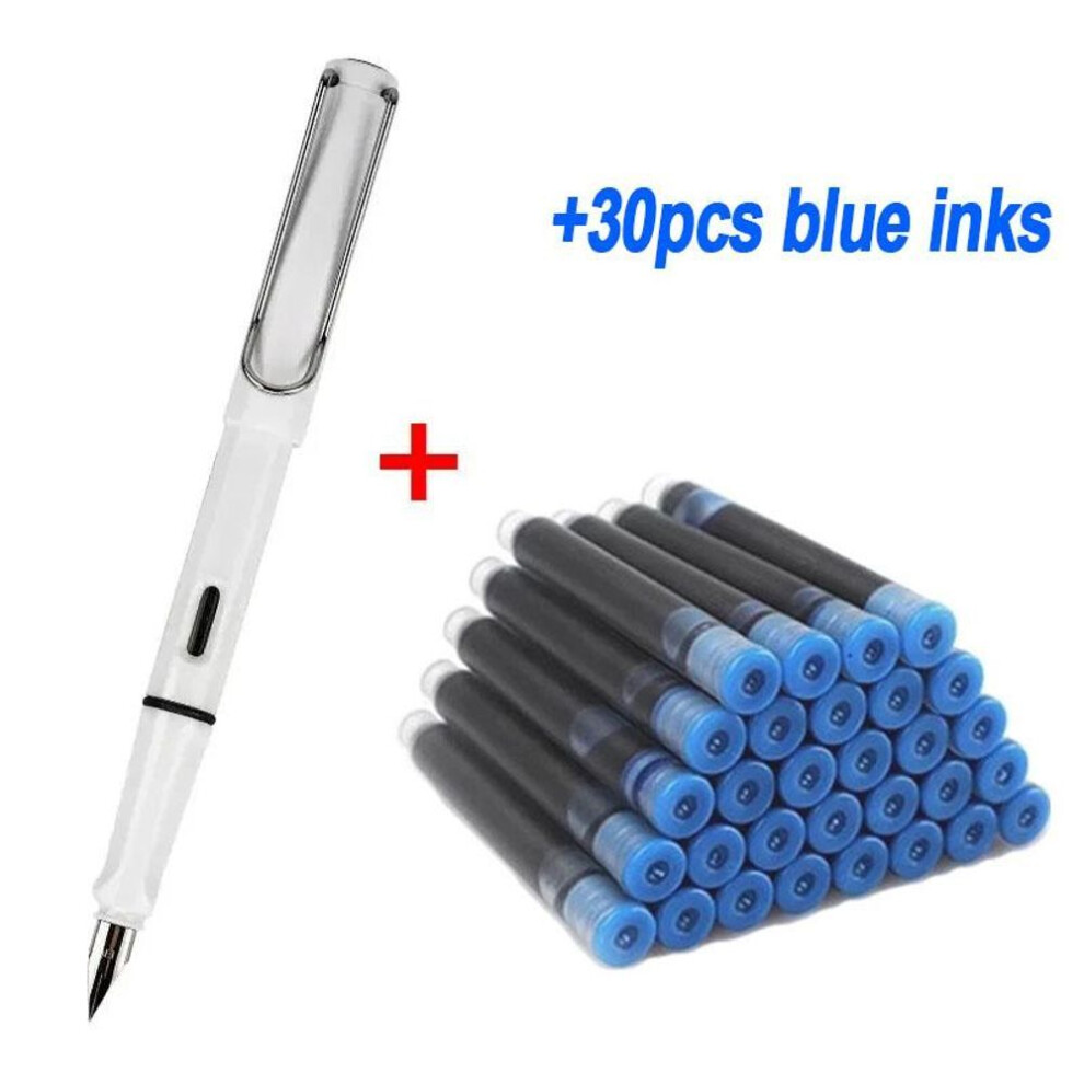 (white, 30pcs blue inks) 0.38mm Fountain Pen Set With 30 Ink Refills School Students Supplies Kawaii Stationery Caligraphy Pen For Writing