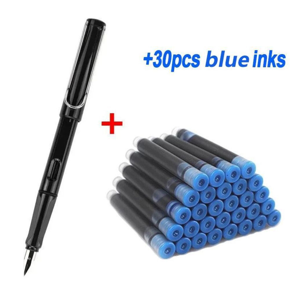 (black, 30pcs blue inks) 0.38mm Fountain Pen Set With 30 Ink Refills School Students Supplies Kawaii Stationery Caligraphy Pen For Writing