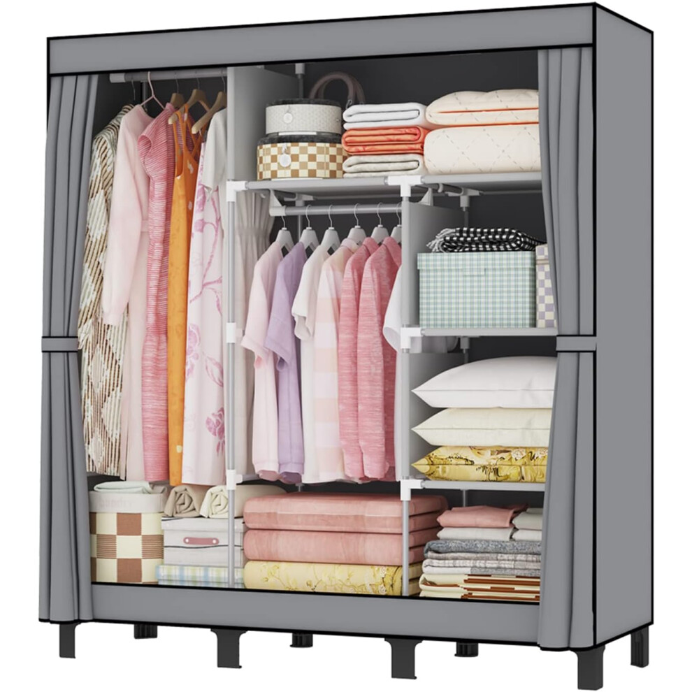 (Normal Pipes, Grey) Wardrobes for Bedroom Portable Wardrobe Shelves Wardrobe Storage Organiser Fabric Wardrobes for Bedroom with 2 Hanging Rails Fabric Closet Folding