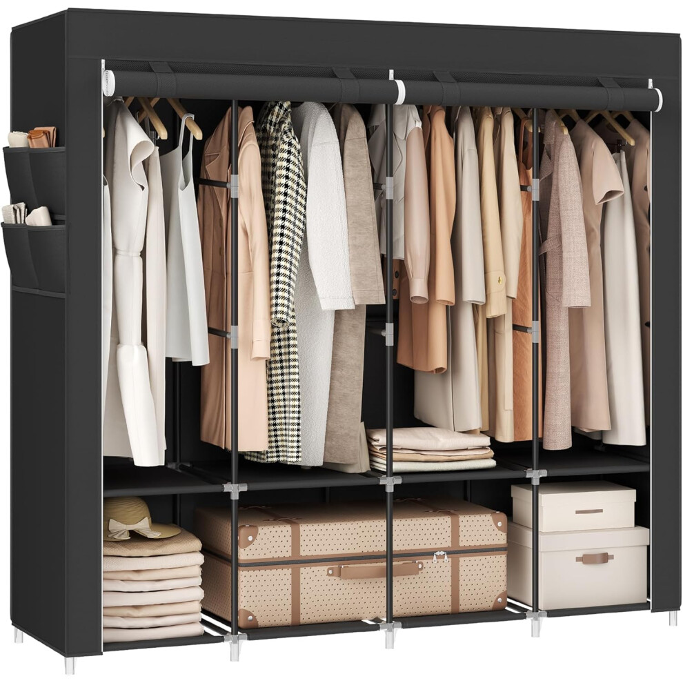 (4 Columns?170W cm?, Ink Black) Garment Organiser Rack with 4 Hanging Rails, Shelves, 4 Side Pockets, 170 x 45 x 167 cm, Large Capacity for Bedroom, Living Room, Black RYG094B02
