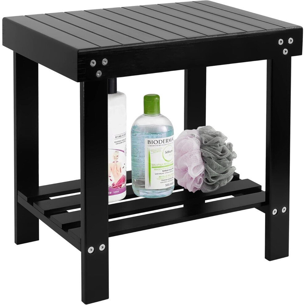 (Black) Bamboo Spa Bench Wood Seat Stool Foot Rest Shaving Stool with Non-Slip Feets Storage Shelf for Shampoo Towel,Works in Bathroom/Living Room/Bedroom