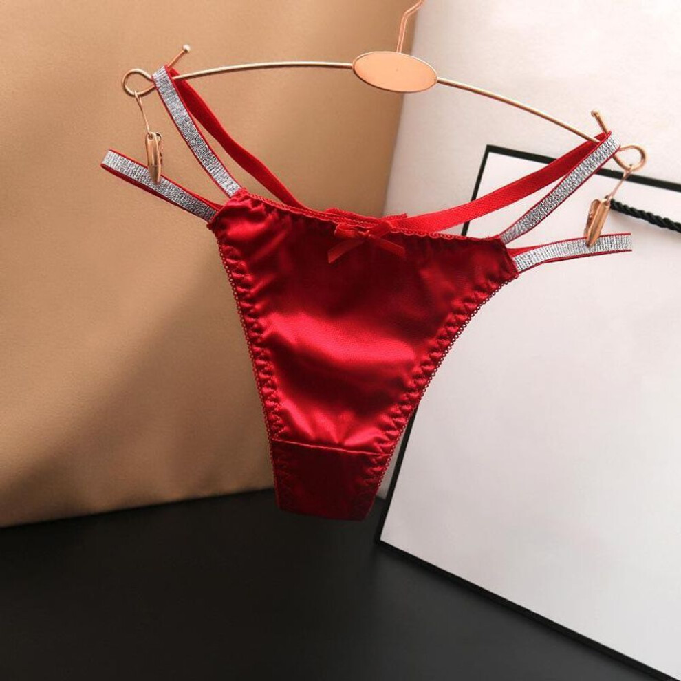 (red, One size) Sexy Satin Cool Silky Hollow Fashionable Solid Color Cotton Panties Women&apos;s Low Waist Hollow Sexy Thongs Underwear