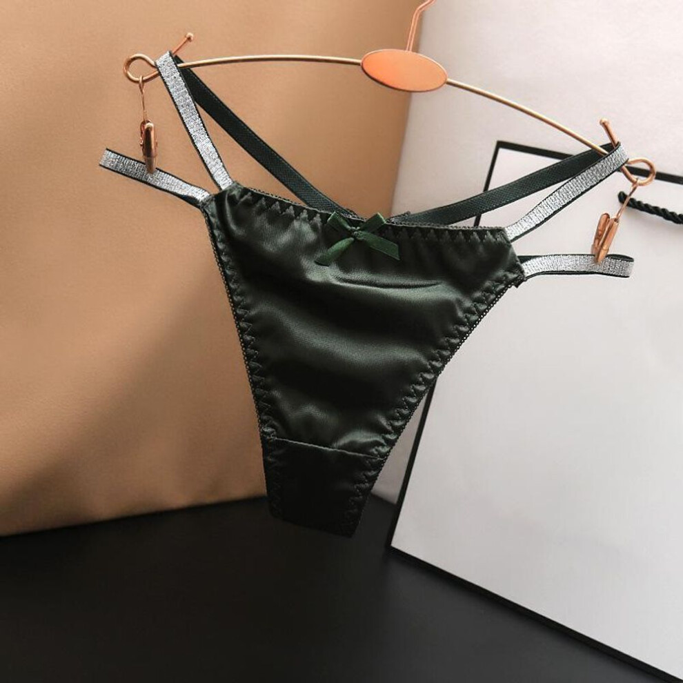 (green, One size) Sexy Satin Cool Silky Hollow Fashionable Solid Color Cotton Panties Women&apos;s Low Waist Hollow Sexy Thongs Underwear